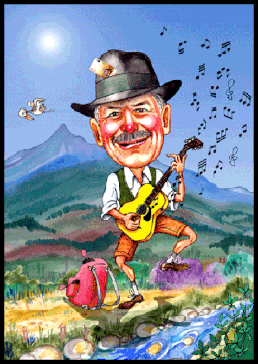 Karikatur zeichnen lassen. Ein Mann mit einer Gitarrean einem Bach.