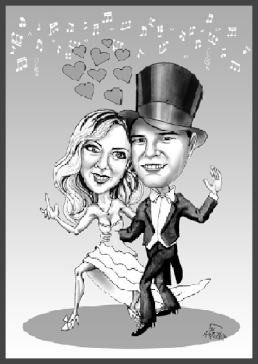 Karikatur zur Hochzeit zeichnen lassen. Ein elegamtes Hochzeitspaar.