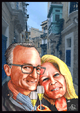 Karikaturen-Bild - Ein Paaraus Salzburg auf Malta hat sich als Karikatur zeichnen lassen.