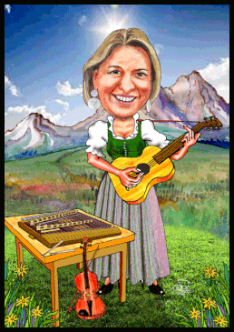 Karikaturen zeichnen lassen. Eine Musikamtin aif einer Alm.