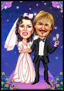 Karikatur zur Hochzeit zeichnen lassen. Hochzeitspaar vor Sternenhimmel.