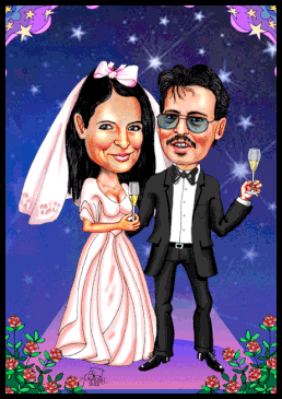 Karikatur zur Hochzeit zeichnen lassen. Hochzeitspaar vor Sternenhimmel.