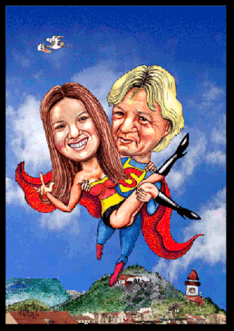 Lustige Karikatur bestellen. Superman mit seiner Tochter über Graz als Karikatur.