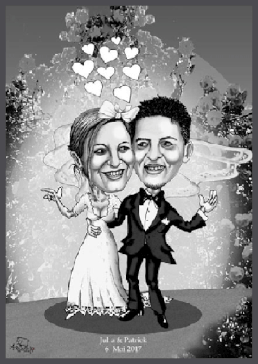 Karikatur zur Hochzeit zeichnen lassen. Brautpaar mit Rosengaeten.i