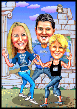 Karikaturen zeichnen lassen. Familie aus Wien urlaubt in Griechenland.