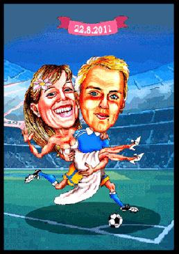 Karikatur zur Hochzeit zeichnen lassen. Ein Fußballer trägt seine Braut zum Stanfdesamt.