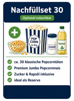 Popcorn Nachfüllset 30 mit Premium Jumbo Popcornmais, Zucker, Rapsöl und klassischen 50-g-Popcorntüten