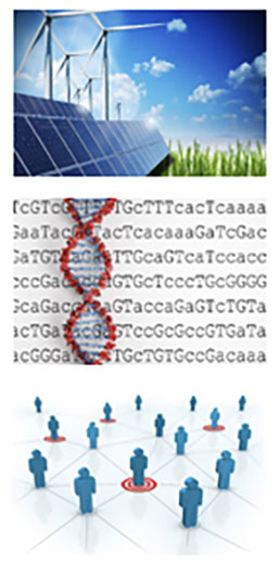 top image is windmills, solar panels next to green grass with blue sky & clouds in the background. Middle is seven lines of text with strand of red DNA running from top to bottom. Third is 16 blue figures standing on geometric pattern 4 are on red circles