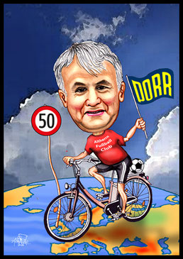 Karikatur als Gescjenk. Ein Wiener fährt für die Porr um die Welt.