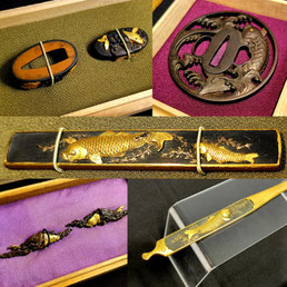 Conjunto Koi 5 piezas. Tsuba y Yotokoromono