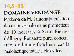 Domaine Vendange Vins de Savoie - article Revue des Vins de France juin 2016