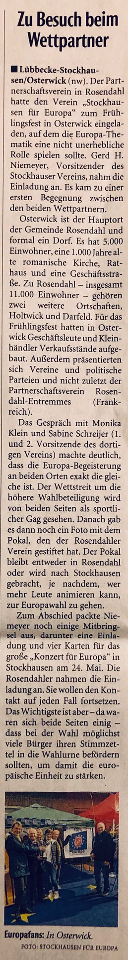 Bericht über den Besuch des SfE-Vorsitzenden Gerd H. Niemeyer beim Frühlingsfest in Osterwick (Gemeinde Rosendahl), unserer sportlich-freundlschaftlichen Konkurrenz in Sachen Wahlbeteiligung (Neue Westfälische, Lokalteil Lübbecke, 11.05.2019)