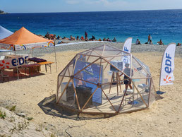 Dôme géodésique, structure en bois de 20m² pour le EDF aqua challenge. Structure avec toile transparente en cristal. Structure idéale pour tous vos événements.