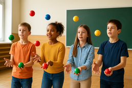 Kinder in der Schule lernen Jonglieren.