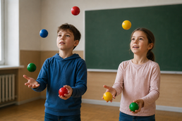 Kinder in der Schule lernen Jonglieren.