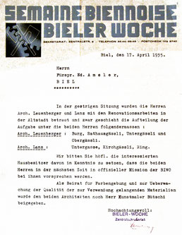 Brief der Bielerwoche an Eduard Amsler vom 17. 4. 1935. Archiv Altstadtleist.