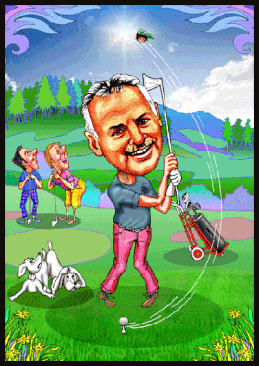 Lustige Karikatur zeichnen lassen. Ein Golfer aus Klagenfurt schlägt daneben.