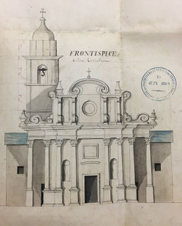 Tomino - plan de la façade (Archives de la Corse du Sud)-cl. M.-E. Nigaglioni qui raconte  l'histoire chaotique de la construction de l'église (notice M.H.) 