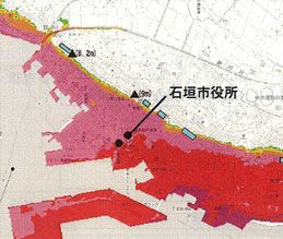 新庁舎建設基本構想案から削除された津波浸水予想図。着色された地域に津波の浸水が予想されている