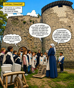 Démonstration de taille de pierre au château d'Eaucourt sur Somme picardie visite scolaire et tout public