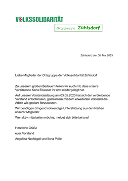 Mitteilung des Vorstandes zur NIederlegung des Vorsitzes von Karla Elsasser