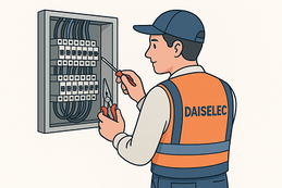 Électricien Daiselec en maintenance sur un tableau électrique dans un local professionnel.