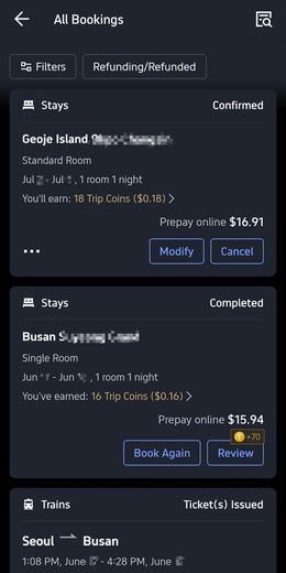 Trip.com All Bookings page