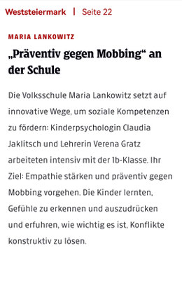 Workshop "Präventiv gegen Mobbing" an der VS Maria Lankowitz mit Claudia Jaklitsch, organisiert vom Verein Schultüte, finanziert von Licht ins Dunkel.