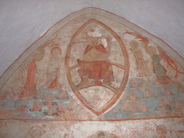 Beispiel zur Seccomalerei: Weltgericht und Apostelkolleg an der Ostwand des Chorraumes