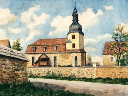 Closewitzer Kirche um 1950 (Zeichnung nach historischer Vorlage von Hans Fischer (1977)