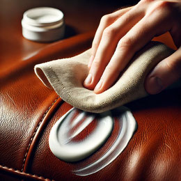 Application d’une crème nourrissante adaptée après nettoyage du cuir.