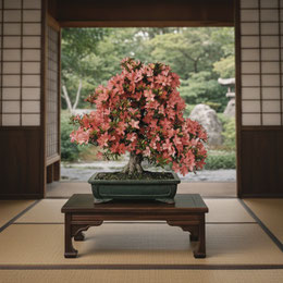 Bonsai Azalee in einem Japanischen Teehaus auf einem Bonsaitisch