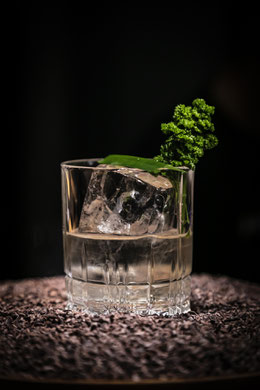 PINA COLADA MILK PUNCH "POPPY P."⁣ glasklarer durchichtiger Drink in einem Tumbler on the Rocks mit Pandan als Deko. 
