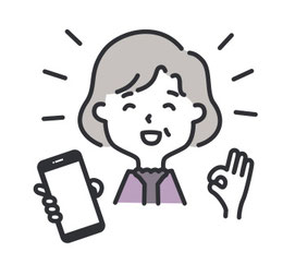 スマートフォンを手に喜ぶ中年女性のイラスト