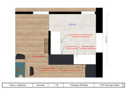Grundrissplanung Raumteiler Garderobe, 3D-CAD fotorealistische Entwurfsplanung Garderobenschrank als Raumteiler von Küche & Eingangsbereich von Schreinerei Holzdesign Ralf Rapp in Geisingen