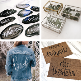 Handlettering Produkte, beschriftete Ringbox Fußmatte Jeansjacke Hochzeit Platzkarten