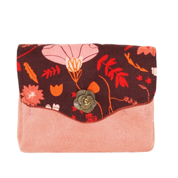 Petit porte-monnaie accordéon pour femme, porte-cartes, 3 compartiments, en tissu marron avec des fleurs et en suédine rose orangé, cadeau femme pratique et original