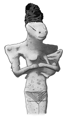 Illustration réalisée par nos soins, inspirée d’une statuette trouvée en Mésopotamie au Ve millénaire avant J.-C.
