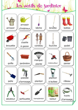 Affiche illustrée des outils du jardinier : pelle, râteau, arrosoir…