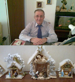 Nella foto Giovanni Delneri e più sotto le Capannine del Presepe che costruisce con le sue mani e che vende lasciando tutto l'incasso per beneficenza.