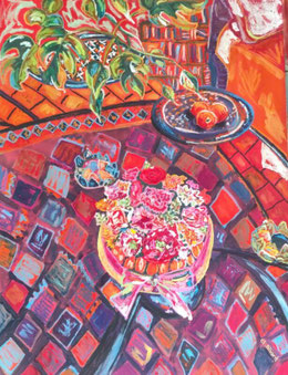 Pastel gras et encre de Claire Allard, "Charlotte aux fleurs"