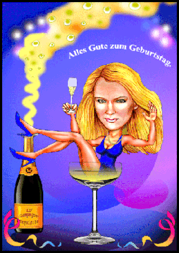 Frau aus Salzburg sitzt im Champagner-Glas und feiert Geburtstag, als Karikatur gezeichnet.