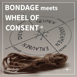 Seil vor einer Wheel-of-Consent-Grafik; Schrift: ‘Bondage meets Wheel of Consent®’. Workshop-Kachel Liebensfreude × Kinky Explorer, Fokus auf Konsens, Grenzen und Verbindung.