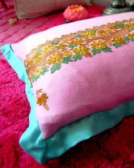 Musk-pink, pashmina-shawl cushion cover with delicately-hued embroidery & aqua, super-soft, pashmina edging