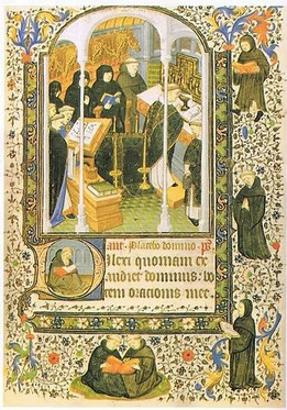 Mönche beim Stundengebet oder bei der Messe und bei täglichen Verrichtungen. Buchminiatur, London, Brit. Lib. 18192