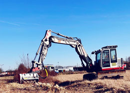 Ein Bagger hebt einen Baucontainer.