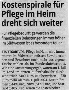 RAUM Seniorenpflege24 informiert über weiter steigende Pflegeheimkosten und die Alternative dazu mit Betreuungskräften zuhause 