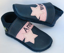 BIO barfußschuhe Mädchen in dunkelblau mit rosa Sternen & namen