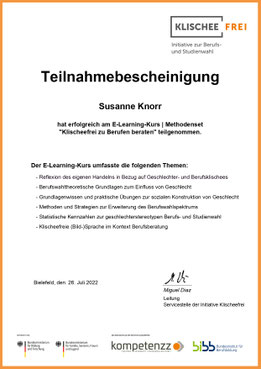 Teinahmebescheinigung Klischeefrei zu Berufen beraten von Susanne Knorr