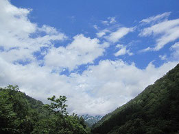 同時刻での鉱泉の空は青空。日が出ると鳴くエゾハルゼミの大合唱が鳴り響いていました。